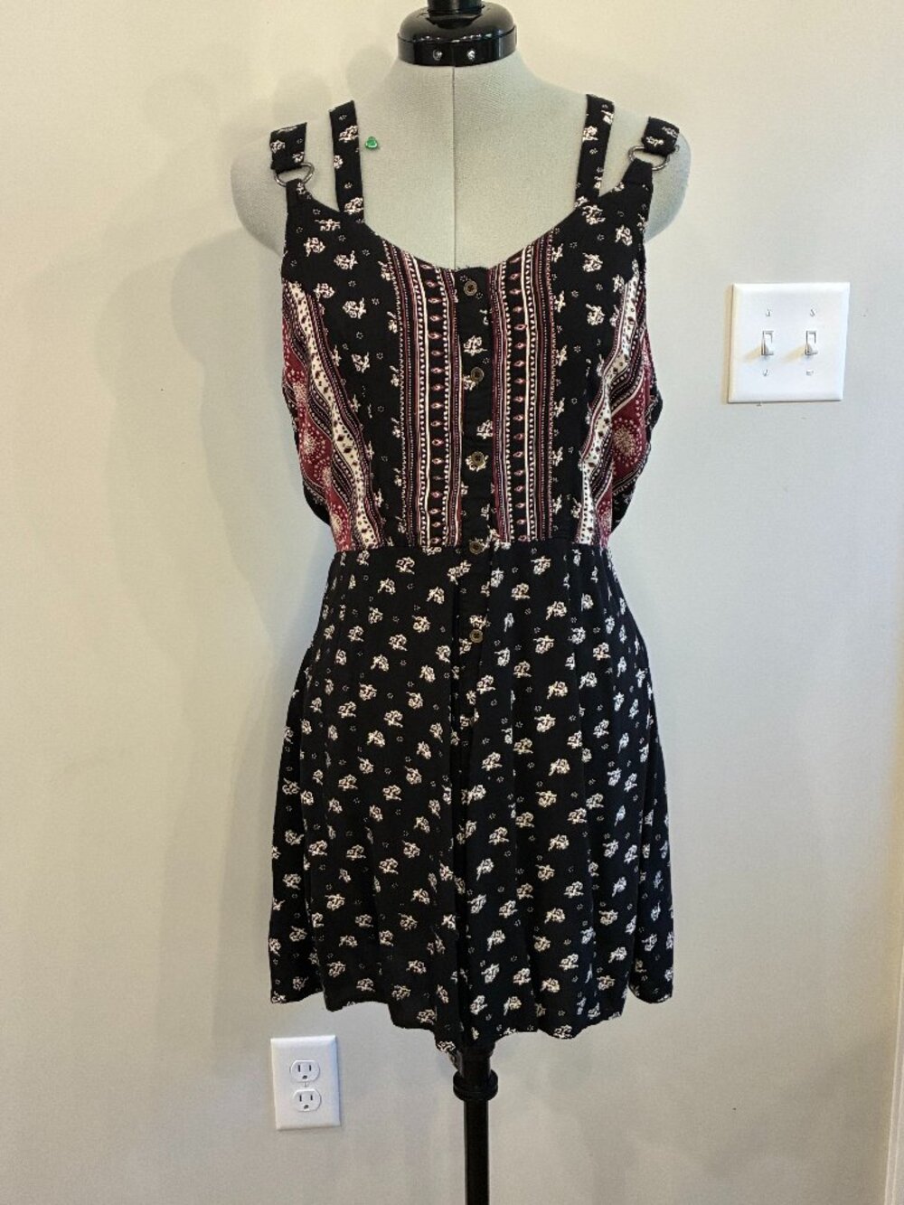 Angie Boho Romper Black Burgundy Cream Floral Button Front Overall Dress 0388